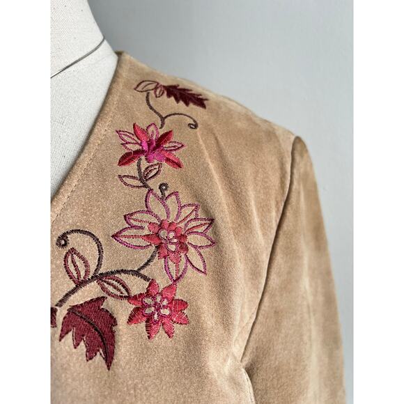 Vintage Y2K Suede Jacket | Wine Floral Embroidery | Khaki Leather | Size L - Picture 6 of 11